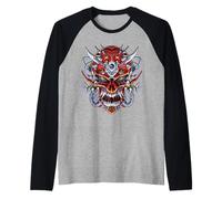 Demone Giapponese Oni Maschera Cranio Diavolo Samurai Ninja Maglia con Maniche Raglan
