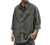 DENGJIAMY - Camicia Cargo da Uomo, con Bottoni, Taglie Forti, Casual, con Colletto a Tinta Unita, a Maniche Lunghe, alla Moda, Tinta Unita, con Tasche, Verde, 3XL