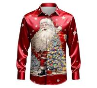 DENGJIAMY - Camicia da uomo con bottoni a forma di Babbo Natale, taglie forti, a maniche lunghe, divertente, per attività all'aperto, vacanze, camicie da uomo, Rosso, 3XL