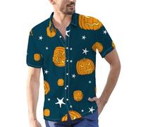 DENGJIAMY Camicia Happy Halloween da uomo Plus Size Casual Hawaiian Tee Top Mens Pumpkin Face Stampato Manica Corta Button Down Camicie, Blu, XL