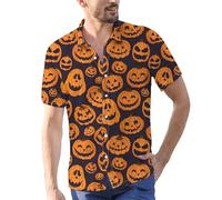 DENGJIAMY Camicia Happy Halloween da uomo Plus Size Casual Hawaiian Tee Top Mens Pumpkin Face Stampato Manica Corta Button Down Camicie, Grigio, M