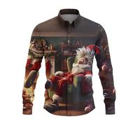 DENGJIAMY - Camicia natalizia da uomo con bottoni, con stampa di Babbo Natale, casual, a maniche lunghe, taglie forti, per vacanze, Caff, 3XL