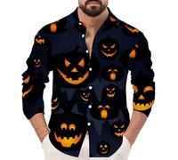 DENGJIAMY Camicie di Halloween da uomo Happy Pumpkin Face Fall Camicia a maniche lunghe Button Down Camicia da uomo Outdoor Casual Vacanze Tee Top, Grigio, XXL