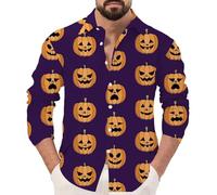 DENGJIAMY Camicie di Halloween da uomo Happy Pumpkin Face Fall Camicia a maniche lunghe Button Down Camicia da uomo Outdoor Casual Vacanze Tee Top, Viola, L