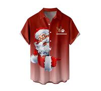 DENGJIAMY Camicie hawaiane natalizie da uomo divertenti camicie con Babbo Natale a maniche corte da uomo abbottonatura albero di Natale camicia per le vacanze top, Rosso, XL