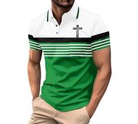 DENGJIAMY Christian Cross Polo Shirt Uomo Casual A Righe Golf Tshirts Color Block Collar Business Top Mens Tees Estate Retro Stampa Tee Manica Corta, Z15 Verde, XL