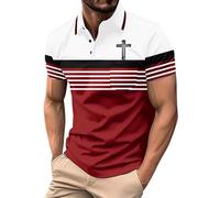 DENGJIAMY Christian Cross Polo Shirt Uomo Casual A Righe Golf Tshirts Color Block Collar Business Top Mens Tees Estate Retro Stampa Tee Manica Corta, Z15 Rosso, XL