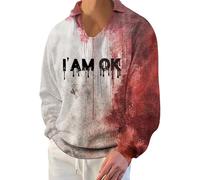 DENGJIAMY - Felpa da uomo sanguinante per Halloween, con lettera horror, maglietta a maniche lunghe, alla moda, casual, con scollo a V, pullover da uomo, Io sono Ok Red, L