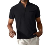 DENGJIAMY Polo a nido d'ape da uomo con colletto top da uomo tinta unita casual business 1/4 zip maglietta da golf estiva classica a maniche corte, Nero , S