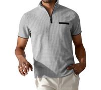 DENGJIAMY Polo a nido d'ape da uomo con colletto top da uomo tinta unita casual business 1/4 zip maglietta da golf estiva classica a maniche corte, Grigio chiaro, M