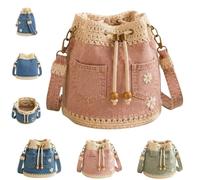 Denim Crochet Bucket Bag,Handmade Crochet Jean Tote,Adjustable Strap | Drawstring Crossbody Shoulder Purse with Daisy Embroidery,Boho Vintage Denim Handbag for Women Travel, Shopping, Beach