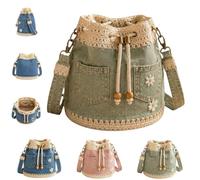 Denim Crochet Bucket Bag,Handmade Crochet Jean Tote,Adjustable Strap | Drawstring Crossbody Shoulder Purse with Daisy Embroidery,Boho Vintage Denim Handbag for Women Travel, Shopping, Beach