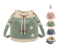 Denim Crochet Bucket Bag,Handmade Crochet Jean Tote with Embroidery，Green