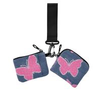 Denim Print Pesca Farfalla Custodie per Carte da Donna Porta Cambio Piccolo Portatile Cerniera Portafoglio Moneta con Portachiavi per Signore 2 Pz, Stampa Denim Farfalla Pesca, 1 size, Casual