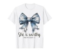 Denim She is Worthy Bow Proverbi Coquette Christian Donna Maglietta