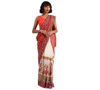 DENMOUS Bianco & Rosso Pure Georgette Kutchi Ricamato Mezzo e Mezzo Sari - 12478302, bianco, Etichettalia unica