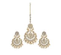 DENMOUS DMZ-3085 - Set di orecchini Maang Tikka placcati oro 18 K e perle kundan e perle, piccoli, in ottone, Small, Ottone