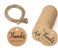DENSCO Thank for Coming, etichette rotonde marroni per regali, con cordoncino, in carta kraft, diametro 5 cm, 100 pezzi, etichette per bagagli, etichette per prezzi, con filo di iuta da 30 metri, per