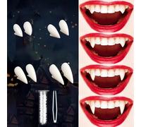 Denti di vampiro, zanne di Halloween, 4 paia di 4 misure con colla, denti realistici vampiri, denti finti, decorazione di Halloween, accessori di scena per cosplay, zanne lupo mannaro, dentizione