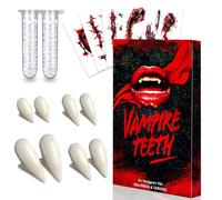 Denti Finti Vampiro Adulto Bambino - 4 Paias Canini da Vampiro, 5 Fogli Tatuaggio Halloween e 2 Tubo Particelle di Denti Colla, Vampire Teeth per Halloween Accessori Dentiera Vampiro Fangs Cosplay