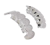 Denti Grillz Bretelle Hip Hop Set di grill Microset Bretelle diamantate Denti da vampiro Grillz, Denti simulati con diamante superiore e inferiore Set di griglie (argento)