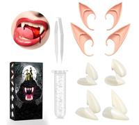 Denti Vampiro Adulto Bambino Kit, 4 Misure Halloween Canini da Vampiro, 2 Paia Orecchie da elfo con 1 Tubo Colla per Denti, per Adulti Bambini Halloween Accessori Cosplay Festa Palcoscenico Accessori