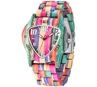 Dentily Orologi in legno da uomo fatti a mano in legno di bambù colorato orologio analogico al quarzo da uomo in legno, Rosa e giallo, Classico