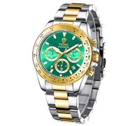 Dentily Orologio al quarzo da uomo, alla moda, in acciaio inox, cronografo, impermeabile, per affari, Oro e verde