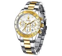 Dentily Orologio al quarzo da uomo, alla moda, in acciaio inox, cronografo, impermeabile, per affari, Oro e bianco, Orologi da uomo