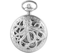 Dentily Orologio da tasca vintage al quarzo con polpo cavo, stile steampunk, nero, con collana e catena, idea regalo, CF1173-argento, orologio da tasca