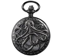 Dentily Orologio da tasca vintage al quarzo con polpo cavo, stile steampunk, nero, con collana e catena, nero