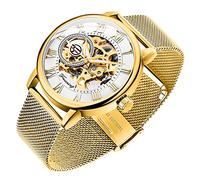 Dentily Orologio da uomo con scheletro, classico, numeri romani, steampunk, meccanico, orologio meccanico a carica manuale, orologio da, Oro e bianco, Classico