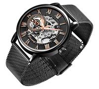 Dentily Orologio da uomo con scheletro, classico, numeri romani, steampunk, meccanico, orologio meccanico a carica manuale, orologio da, Nero oro rosa, Meccanico