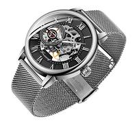 Dentily Orologio da uomo con scheletro, classico, numeri romani, steampunk, meccanico, orologio meccanico a carica manuale, orologio da, Argento e nero., Meccanico