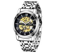 Dentily Orologio da uomo meccanico in acciaio inossidabile scheletro automatico orologi da lavoro impermeabili per uomo.., Argento/nero., Meccanico