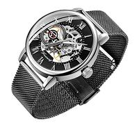 Dentily Orologio scheletro classico da uomo con numeri romani Steampunk, orologio meccanico a corda manuale per uomo (blu), Nero e Argentato, Orologio scheletro, meccanico