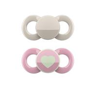 Dentistar® Day & Night Set da 2 ciuccio silicone - Taglia 1 per 0-6 mesi - Ciuccio neonato che rispetta denti e mascella - Ciuccio notte visibile al buio - Beige e rosa con cuore - Made in Germany