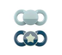 Dentistar® Day & Night Set da 2 ciuccio silicone - Taglia 2 da 6-14 mesi - Ciuccio neonato per denti e mascella - Ciuccio notte visibile al buio - Turchese e blu con stella - Made in Germany