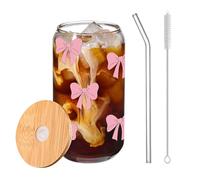 DENUOTOP Bicchiere con cannuccia e coperchio, bicchieri da 500 ml, rosa carino bow design, fantasia bolla per caffè freddo, latte macchiato, matcha mojito