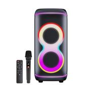 Denver BPS-370 - Altoparlante Bluetooth per feste, 100 W RMS, effetto luce LED RGB con microfono e telecomando, accoppiamento TWS stereo, batteria, protezione impermeabile IPX4, woofer 2 x 6,5", USB