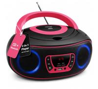 DENVER Lettore CD Portatile Bluetooth, Boombox Radio FM, USB MP3, Rosa | Stereo portatile con lettore CD: radio FM, Bluetooth, USB-MP3, AUX, 2 × 2 W RMS, luci LED e batterie