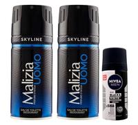Deodorante Uomo, Profumo D'Intesa, SKYLINE 150ml (2 Spray) + Deodorante Da Viaggio BLACK&WHITE Invisible Original 35ml