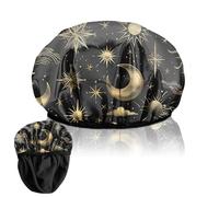 Deokke Cuffia da doccia di lusso, foderata in spugna, elastica, triplo strato, impermeabile, riutilizzabile, per capelli secchi, estetica carina per donne e ragazze, sole e luna