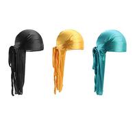 Deolven Durag Lunga Coda,3 Pack Setosa Copricapo Durag 100cm Cappello Copricapo per Testa Avvolge Cappellino da Pirata Berretto Bandana per Uomo Donna Hip-hop Decorazione Nero Blu Giallo