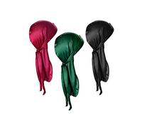 Deolven Durag Lunga Coda,3 Pack Setosa Copricapo Durag 100cm Cappello Copricapo per Testa Avvolge Cappellino da Pirata Berretto Bandana per Uomo Donna Hip-hop Decorazione Verde Nero Rosso