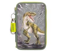 Depesche 11758 Dino World Reflector - Astuccio a 3 Scomparti in Grigio-Verde con Motivo di Dinosauri e fulmini, Astuccio Riflettente con matite Colorate, Righello, Forbici e Molto Altro.