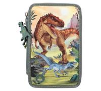 Depesche 11772 Dino World 3 Scomparti con Motivo Dinosauro e LED, Astuccio Verde Scuro con matite Colorate, Righello, Forbici e Molto Altro, Cartone, Multicolore, Small