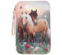 Depesche 12869 Miss Melody Flowers-Astuccio a 3 Scomparti in Rosa, con Motivo di Cavalli, portamine con matite Colorate, Righello, Forbici e Molto Altro, Floreale, Colore Pink, Taglia Unica, 0012869
