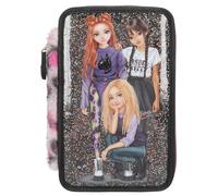 Depesche 13017 TOPModel Rebel Kitty - Astuccio a 3 Scomparti in Nero, con Motivo a Modella, Glitter e Pelliccia di Leo, Astuccio con matite Colorate, Righello, Forbici e Molto Altro.