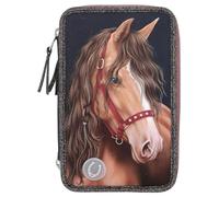 Depesche 13190 Miss Melody Horse-Astuccio a 3 Scomparti in Blu Scuro, con Motivo a Cavallo, Glitter e luci LED, con matite Colorate, Righello, Forbici e Molto Altro, Multicolore, One Size